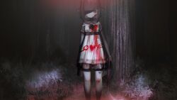 Rule 34 | 1girl, blood, blood on clothes, blood on face, blood writing, bow, dress, expressionless, fallenshadow, feet out of frame, forest, hair bow, heart, highres, holding, holding knife, horror (theme), indie virtual youtuber, kitchen knife, knife, looking at viewer, medium hair, mercure 1104, monochrome, nature, night, off-shoulder dress, off shoulder, outdoors, pantyhose, ribbon, shaded face, solo, spot color, thighhighs, tree, virtual youtuber, wrist ribbon, yandere