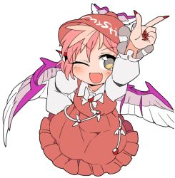 Rule 34 | 1girl, animal ears, arm up, bird ears, bird wings, blush, brown dress, brown headwear, dress, fang, fingernails, frilled dress, frilled sleeves, frills, index finger raised, ini (inunabe00), long fingernails, long sleeves, mystia lorelei, nail polish, one eye closed, open mouth, pink hair, pointing, pointing up, red nails, sharp fingernails, short hair, simple background, skin fang, smile, solo, touhou, white background, white wings, winged hat, wings, yellow eyes