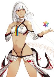Rule 34 | 1girl, absurdres, altera (fate), bare shoulders, black nails, breasts, commentary, cowboy shot, dark-skinned female, dark skin, detached sleeves, fate/grand order, fate (series), highres, jewelry, looking to the side, menea, nail polish, navel, necklace, quartz, red eyes, saint quartz (fate), short hair, skirt, small breasts, solo, veil, white background, white hair