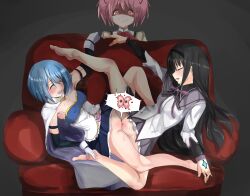 Rule 34 | 3girls, absurdres, akemi homura, akemi homura (magical girl), barefoot, black hair, blue hair, blush, breasts, caught, cheating (relationship), closed eyes, couch, couple, covered erect nipples, female fertilization, female orgasm, fertilization, gloves, glowing, glowing eyes, hair ornament, hairband, happy sex, heart, highres, impregnation, kaname madoka, long hair, lying, magical girl, mahou shoujo madoka magica, medium breasts, miki sayaka, miki sayaka (magical girl), moaning, multiple girls, netorare, open mouth, orgasm, ovum, partially undressed, pink eyes, pink hair, pussy, ribbon, school uniform, small breasts, smile, soul gem, source request, sweat, tomodachi (tomofanart), tribadism, twintails, very long hair, yandere, yuri