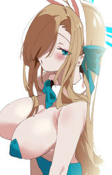 Rule 34 | 1girl, asuna (blue archive), asuna (bunny) (blue archive), bare shoulders, blonde hair, blue archive, blue bow, blue bowtie, blue eyes, blue leotard, blush, bow, bowtie, breasts, from side, hair bow, hair over one eye, large breasts, leotard, long hair, looking at viewer, looking to the side, mole, mole on breast, nise (basilsis), one eye covered, parted lips, playboy bunny, pointy breasts, simple background, solo, upper body, white background