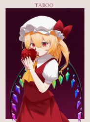 Rule 34 | 1girl, absurdres, apple, ascot, blonde hair, blood, blood on face, blood on hands, border, breasts, brown background, closed mouth, collared shirt, commentary request, crystal, english text, eyes visible through hair, flandre scarlet, food, fruit, gradient background, grey border, hair between eyes, hands up, hat, hat ribbon, highres, jewelry, looking at viewer, medium breasts, mob cap, multicolored wings, one side up, orange ascot, outside border, pointy ears, puffy short sleeves, puffy sleeves, red ribbon, red skirt, red vest, ribbon, shirt, short hair, short sleeves, skirt, solo, standing, sugarplus, touhou, vest, white hat, white shirt, wings