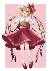 Rule 34 | 1girl, ascot, blonde hair, flandre scarlet, frills, hat, highres, kamachi (kamati0maru), laevatein (touhou), mob cap, multicolored wings, one side up, open mouth, red eyes, red footwear, red skirt, simple background, skirt, socks, solo, touhou, white hat, wings