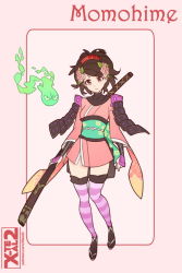 Rule 34 | 1girl, arm guards, artist name, black hair, character name, comb, flower, full body, hair flower, hair ornament, hitodama, izuna jinkuro, japanese clothes, katana, kimono, looking at viewer, momohime, oboro muramasa, short kimono, solo, soul, striped clothes, striped thighhighs, sword, thighhighs, vanillaware, weapon, wide sleeves, x-t3al