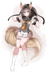 Rule 34 | 10s, 1girl, akizuki (kancolle), animal ears, bad id, bad twitter id, cis (carcharias), fox ears, fox tail, full body, kantai collection, kemonomimi mode, kneehighs, long hair, looking at viewer, miniskirt, necktie, paw pose, pleated skirt, ponytail, simple background, skirt, socks, solo, tail, white background, white skirt, white socks, yellow necktie