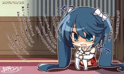 Rule 34 | 10s, 1girl, absurdly long hair, aqua eyes, artist name, blue hair, chibi, commentary request, dated, detached sleeves, hair ribbon, hugging own legs, isuzu (kancolle), kantai collection, kisaragi yuu (re:lucks), long hair, open mouth, pleated skirt, ribbon, school uniform, serafuku, shaded face, sitting, skirt, solo, text focus, thighhighs, translation request, twintails, very long hair, white thighhighs
