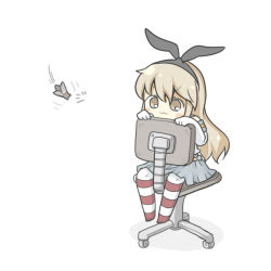 Rule 34 | 10s, 1girl, :3, bad id, bad pixiv id, blonde hair, bug, cicada, elbow gloves, gloves, hair ribbon, insect, kantai collection, long hair, ribbon, shimakaze (kancolle), sitting, solo, striped clothes, striped thighhighs, swivel chair, thighhighs, yellow eyes, yuasan