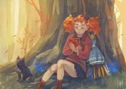 Rule 34 | 1girl, absurdres, against tree, ankle boots, black cat, black theme, blue flower, blue skirt, book, hugging book, boots, bow, broom, brown footwear, cat, commentary, closed eyes, flower, hair bow, highres, holding, holding book, mary (mary to majo no hana), mary to majo no hana, hugging object, orange hair, red shirt, shirt, short twintails, sitting, skirt, sophie usui, tree, twintails, wing collar