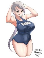 Rule 34 | absurdres, breasts, chitose (kancolle), cowboy shot, dated, grey eyes, grey hair, hair ribbon, hands on own head, highres, kantai collection, large breasts, long hair, looking at viewer, oniken, ponytail, ribbon, signature, smile, solo, swimsuit, thighhighs, white background