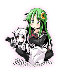 Rule 34 | 10s, 2girls, abyssal ship, aircraft, airplane, bare arms, blush, bracelet, crossed arms, dress, green eyes, green hair, horns, ichimi, indian style, jewelry, kantai collection, long hair, multiple girls, nagatsuki (kancolle), northern ocean princess, open mouth, red eyes, school uniform, serafuku, silver hair, sitting, sitting on lap, sitting on person, very long hair, white dress