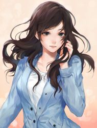 Rule 34 | 1girl, arm up, black eyes, black hair, blue jacket, breasts, business suit, buttons, formal, holding, holding own hair, jacket, long hair, long sleeves, looking at viewer, medium breasts, original, parted lips, partially unbuttoned, pocket, ruuto-kun, solo, suit, tan background, undershirt, upper body