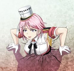 Rule 34 | 1girl, breasts, crack, cracked wall, giuseppe garibaldi (kancolle), gloves, hat, highres, kantai collection, large breasts, open mouth, pink eyes, pink hair, red shirt, shadow, shirt, short hair, solo, tk8d32, wall, white gloves, white hat