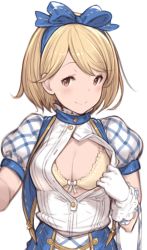 Rule 34 | 10s, 1girl, alternate costume, bad id, bad pixiv id, blonde hair, bra, breasts, brown eyes, cleavage, djeeta (granblue fantasy), gloves, granblue fantasy, hanarito, highres, kimi to boku no mirai, looking at viewer, open clothes, open shirt, shirt, smile, solo, underwear, undressing, white background