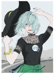Rule 34 | 1girl, alternate costume, black hat, empty eyes, green hair, green skirt, hat, highres, komeiji koishi, sad smile, skirt, solo, touhou, ue toono (atano), wristband