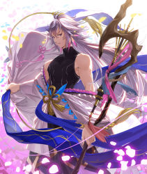 Rule 34 | 1boy, ahoge, bare shoulders, bishounen, black pants, black shirt, unworn clothes, fate/grand order, fate (series), flower, hair between eyes, hair ornament, holding, holding staff, holding weapon, long hair, looking at viewer, male focus, merlin (fate), multicolored hair, pants, parted lips, petals, purple eyes, ribbon, robe, shirt, solo, staff, two-tone hair, undressing, very long hair, weapon, white hair, white robe, yahako