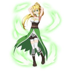 Rule 34 | 10s, 1girl, armpits, blonde hair, breasts, cleavage, collar, collarbone, corset, elf, full body, green eyes, hair between eyes, hair ornament, highres, leafa, long hair, looking at viewer, official art, open mouth, pointy ears, simple background, solo, standing, sword art online, sword art online: code register, thighhighs, transparent background, very long hair, waist cape, white background, white thighhighs