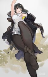 Rule 34 | 1girl, absurdres, arknights, arknights: endfield, arm up, black hair, black jacket, black pantyhose, cmdr saturn, crossed legs, endministrator (arknights), feet, female endministrator (arknights), foot out of frame, grey eyes, highres, jacket, knee up, legs, long sleeves, lying, no shoes, on back, open mouth, pantyhose, ribbed sweater, short hair, soles, solo, sweater, toes, white sweater