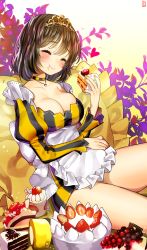 Rule 34 | 1girl, :t, ^ ^, apron, bad id, bad pixiv id, bare shoulders, blush, breasts, brown hair, cake, chocolate cake, choker, cleavage, closed eyes, collarbone, dessert, dress, food, food on face, frilled apron, frilled pillow, frills, fruit, gambe, head tilt, heart, holding, holding food, jewelry, juliet sleeves, large breasts, long sleeves, nail polish, necklace, original, pillow, puffy sleeves, short hair, sitting, smile, solo, sparkle, strawberry, striped clothes, striped dress, swiss roll, tiara, vertical-striped clothes, vertical-striped dress, waist apron, yellow nails