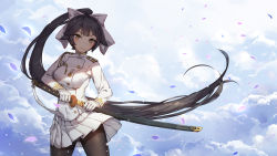 Rule 34 | 1girl, aiguillette, azur lane, black hair, black pantyhose, blush, bow, breasts, buttons, closed mouth, cloud, cloudy sky, commentary request, cowboy shot, dsknight, fighting stance, gloves, hair bow, hair flaps, head tilt, highres, holding, holding sword, holding weapon, katana, long hair, looking at viewer, medium breasts, military, military uniform, mole, mole under eye, negative space, panties, panties under pantyhose, pantyhose, pantyshot, petals, pleated skirt, ponytail, ribbon, skirt, sky, solo, standing, sword, takao (azur lane), underwear, uniform, weapon, white bow, white gloves, white panties, white ribbon, white skirt, wind, wind lift, yellow eyes