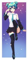 Rule 34 | 1girl, absurdres, alternate costume, bare shoulders, black footwear, black skirt, black sleeves, blue necktie, boots, breasts, commentary request, detached sleeves, double bun, full body, hair between eyes, hair bun, hatsune miku, hatsune miku (vocaloid4) (chinese), highres, large breasts, miniskirt, minruk, necktie, shirt, short hair, skirt, smile, solo, thigh boots, thighhighs, vocaloid, white shirt