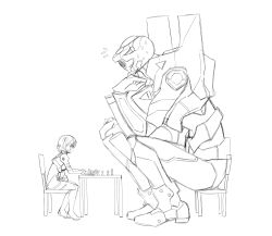 Rule 34 | 1girl, ayanami rei, board game, chair, chess, eva 00, greyscale, hair ornament, head rest, height difference, highres, kekekeke, lineart, mecha, monochrome, neon genesis evangelion, playing games, plugsuit, robot, sweatdrop
