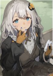 Rule 34 | 1girl, black jacket, blue eyes, braid, breasts, brown dress, closed mouth, cross tie, double-parted bangs, dress, food, food on face, gloves, grey hair, hair between eyes, highres, holding, holding food, jacket, kizuna akari, long hair, looking at viewer, medium breasts, nail polish, onigiri, orange gloves, orange pantyhose, pantyhose, pocche-ex, purple nails, shirt, solo, striped clothes, striped gloves, twin braids, vertical-striped clothes, vertical-striped gloves, voiceroid, white shirt