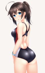 Rule 34 | 10s, 1girl, ahoge, alternate hairstyle, ass, bare arms, bare shoulders, blue eyes, brown hair, cowboy shot, from behind, grey background, hair between eyes, highres, kantai collection, one-piece swimsuit, open mouth, shigure (kancolle), shirasawa kazane, short hair, simple background, solo, swimsuit, watch