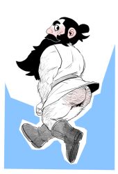 Rule 34 | 1boy, anal hair, arm hair, ass hair, bara, beard, black hair, blush, boots, chest hair, covering privates, covering crotch, dungeon meshi, dwarf, ear blush, embarrassed, facial hair, from behind, full body, greyscale with colored background, hairy, long beard, long hair, looking back, male focus, mature male, muscular, muscular male, nipples, no headwear, no pants, pectorals, senshi (dungeon meshi), shirt, sleeveless, sleeveless shirt, solo, thick eyebrows, thick mustache, two-tone background, very long beard, yak (y4k100y4k)