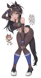 Rule 34 | 3girls, :d, animal ears, arm up, bad id, bad pixiv id, bare shoulders, black hair, braid, bridle, brown eyes, brown hair, brown sports bra, brown thoroughbred (kemono friends), chestnut thoroughbred (kemono friends), chibi, cleavage cutout, clothing cutout, collarbone, commission, dark-skinned female, dark skin, elbow gloves, extra ears, fingerless gloves, full body, gloves, groin, hand on own head, hand up, high ponytail, highres, horse ears, horse girl, horse tail, kemono friends, knees together feet apart, leaning forward, logo, long hair, looking at another, looking at viewer, midriff, multicolored hair, multiple girls, navel, open mouth, pants, shoes, shorts, sidelocks, smile, solo focus, sports bra, sportswear, standing, stomach, swept bangs, tail, tight clothes, tight pants, triangle mouth, twin braids, two-tone hair, unadare, v-shaped eyebrows, white hair, white thoroughbred (kemono friends)