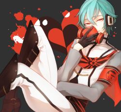 Rule 34 | 1boy, black gloves, blood, blood splatter, blue eyes, blue hair, boots, chain, crossed legs, gas mask, general (module), gloves, grey background, hair between eyes, headphones, heart, high heel boots, high heels, highres, kaito (vocaloid), knee boots, looking at viewer, male focus, mask, matcha (higashiya0401), pants, project diva (series), red eyes, scarf, short hair, sitting, smile, solo, unhappy refrain (vocaloid), uniform, vocaloid