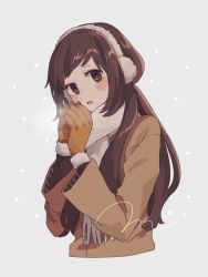 Rule 34 | 1girl, blush, brown hair, brown jacket, gloves, grey background, jacket, long hair, long sleeves, looking at viewer, maco22, scarf, simple background, snow, solo, tagme, upper body, white scarf