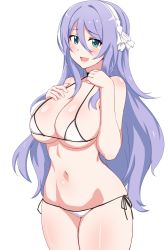 Rule 34 | 1girl, :d, aqua eyes, bare arms, bare shoulders, bikini, black choker, breasts, choker, cleavage, cowboy shot, hair between eyes, hairband, halterneck, hand on own chest, hands up, highres, large breasts, long hair, looking at viewer, micro bikini, navel, open mouth, princess connect!, purple hair, seihekiog, shizuru (princess connect!), side-tie bikini bottom, simple background, smile, solo, standing, stomach, swimsuit, thighs, very long hair, white background, white bikini
