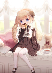 Rule 34 | 1girl, black bow, black dress, black footwear, black hairband, blonde hair, blue eyes, book, bow, chitosezaka suzu, commentary, cup, curtains, day, doughnut, dress, drill hair, food, frilled dress, frilled hairband, frills, hairband, hand up, heart, heart-shaped pillow, holding, holding food, indoors, long hair, long sleeves, looking at viewer, open book, original, pillow, puffy long sleeves, puffy sleeves, saucer, shoes, sitting, sleeves past wrists, solo, stuffed animal, stuffed toy, symbol-only commentary, teacup, teddy bear, thighhighs, twin drills, twintails, very long hair, white thighhighs, window