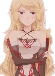 Rule 34 | 1girl, bare shoulders, blonde hair, blush, breasts, detached sleeves, long hair, looking at viewer, milla (fractured), pink eyes, simple background, skirt, smile, solo, tales of (series), tales of xillia, tales of xillia 2, white background