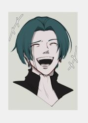 Rule 34 | 1boy, character request, charles contini, closed eyes, cropped shoulders, earrings, facial mark, green hair, jewelry, laughing, mashle, mole, mole under eye, nadachimachi (user nven5788), open mouth, solo, teeth, upper teeth only