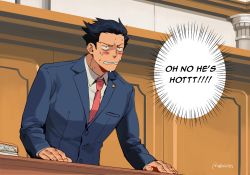 Rule 34 | 1boy, ace attorney, artist name, black eyes, black hair, blue jacket, blush, blush stickers, breast pocket, buttons, collared shirt, commentary, constricted pupils, courtroom, emphasis lines, english commentary, english text, fingernails, flustered, formal, furrowed brow, highres, indoors, jacket, lapel pin, lapels, long sleeves, male focus, necktie, parody, phoenix wright, pink necktie, pocket, shirt, short hair, solo, suit, sweat, nervous sweating, twitter username, wavy mouth, white shirt, worvies, yaoi