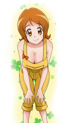 Rule 34 | 10s, 1girl, bakusai, breasts, brown eyes, brown hair, cleavage, hands on own knees, happinesscharge precure!, large breasts, looking at viewer, naked overalls, oomori yuuko, overalls, precure, short hair, smile, solo