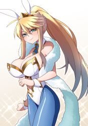 Rule 34 | 1girl, absurdres, ahoge, akitokage, animal ears, artoria pendragon (all), artoria pendragon (fate), artoria pendragon (lancer) (fate), artoria pendragon (swimsuit ruler) (fate), bare shoulders, blonde hair, blue pantyhose, blush, braid, breasts, cleavage, clothing cutout, detached collar, fate/grand order, fate (series), feather boa, fishnet pantyhose, fishnets, french braid, gold trim, green eyes, hair between eyes, highleg, highleg leotard, highres, large breasts, leotard, long hair, looking at viewer, navel, navel cutout, necktie, pantyhose, playboy bunny, ponytail, rabbit ears, sidelocks, smile, solo, sparkle, thighs, tiara, white leotard, wrist cuffs