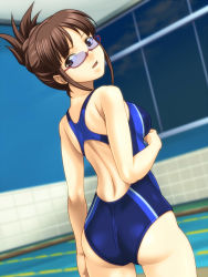 Rule 34 | 10s, 1girl, akizuki ritsuko, ass, brown eyes, brown hair, competition swimsuit, folded ponytail, glasses, idolmaster, idolmaster (classic), idolmaster 2, long hair, looking back, muhi11234, one-piece swimsuit, pool, solo, swimsuit