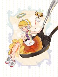 Rule 34 | 1girl, bee, blonde hair, brown skirt, bug, choker, expressionless, food, food-themed clothes, frying pan, full body, gloves, headphones, honey, insect, looking at viewer, morinaga (brand), multicolored shirt, original, pancake, personification, plaid, plaid shirt, pouring, rakuchii (rurituvo), red eyes, shirt, shoes, short hair, sitting, skirt, sneakers, solo, spatula, striped clothes, striped skirt, vertical-striped clothes, vertical-striped skirt, white gloves