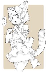 Rule 34 | 10s, 1girl, absurdres, animal ears, back bow, bad id, bad twitter id, bare shoulders, blonde hair, blush, bow, bowtie, cat ears, cat tail, check translation, cowboy shot, elbow gloves, enk 0822, frilled skirt, frills, gloves, greyscale, highres, kemono friends, monochrome, multicolored hair, nyan, paw pose, sand cat (kemono friends), short hair, skirt, solo, tail, translation request, vest
