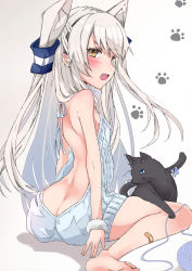 Rule 34 | 1girl, amatsukaze (kancolle), animal, ass, backless outfit, bandaid, bandaid on leg, black cat, blush, breasts, butt crack, cat, chigasaki yukari, commentary request, fang, fur, hair tubes, hairband, highres, kantai collection, long hair, meme attire, naked sweater, open mouth, paw print, ribbon, silver hair, simple background, sitting, sleeveless, small breasts, solo, sweater, turtleneck, turtleneck sweater, two side up, virgin killer sweater, wristband, yarn, yarn ball, yellow eyes