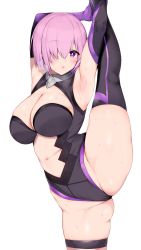Rule 34 | 1girl, absurdres, armpits, arms up, bare shoulders, black leotard, black thighhighs, blue gk, blush, breasts, cleavage, cleavage cutout, clothing cutout, collar, elbow gloves, fate/grand order, fate (series), gloves, hair over one eye, highleg, highleg leotard, highres, large breasts, leg lift, leg up, leotard, light purple hair, looking at viewer, mash kyrielight, metal collar, navel, open mouth, purple eyes, purple gloves, revision, short hair, simple background, split, standing, standing on one leg, standing split, sweat, thighhighs, thighs, white background