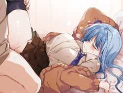 Rule 34 | 1boy, 1girl, arm up, bad id, bad twitter id, bed sheet, black thighhighs, blue hair, blush, brown shirt, brown skirt, clenched teeth, clothed sex, curtains, light blue hair, long hair, lying, necktie, nonoyama, on back, original, parted lips, pink eyes, purple necktie, pussy juice, sex, sheet grab, shirt, shirt tucked in, skirt, sweat, tearing up, teeth, thighhighs