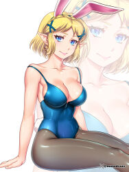 Rule 34 | 1girl, animal ears, bare arms, bare shoulders, blonde hair, blue eyes, blue leotard, braid, breasts, bunny day, cleavage, collarbone, commentary, crown braid, etchimune, fake animal ears, fake tail, feet out of frame, grey pantyhose, hair ornament, large breasts, leotard, looking at viewer, nintendo, pantyhose, pink lips, pointy ears, princess zelda, rabbit ears, rabbit tail, simple background, sitting, spaghetti strap, tail, the legend of zelda, the legend of zelda: tears of the kingdom, thighs, white background, x hair ornament, zoom layer