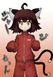 Rule 34 | 1girl, :3, ahoge, alternate costume, animal ear piercing, animal ears, blush, brown hair, cat ears, cat tail, chen, closed mouth, cowboy shot, denpa rasaito, earrings, fang, fang out, flat chest, gradient background, highres, jewelry, long sleeves, looking at viewer, medium hair, multiple tails, nekomata, no headwear, pants, petite, red pants, red track suit, simple background, single earring, sleeves past fingers, sleeves past wrists, solo, tail, thick eyebrows, touhou, two tails, white background, yellow eyes, zipper