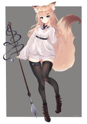 Rule 34 | 1girl, absurdres, ahoge, animal ear fluff, animal ears, belt, black belt, black shirt, black thighhighs, blue bow, blue eyes, blush, boots, bow, brown footwear, brown hair, closed mouth, collared shirt, commentary request, dress, fox ears, fox girl, fox tail, grey background, hair ornament, hairclip, hand up, highres, holding, index finger raised, long hair, long sleeves, mizu (lzzrwi603), original, puffy long sleeves, puffy sleeves, shirt, sleeves past wrists, smile, solo, sweater, sweater dress, tail, thighhighs, thighhighs under boots, twitter username, two-tone background, very long hair, white background, white sweater