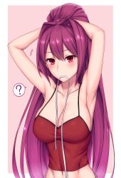 Rule 34 | 1girl, armpits, arms up, bare shoulders, blush, breasts, camisole, cleavage, collarbone, commentary request, hair intakes, hair tie, highres, large breasts, long hair, midriff peek, mouth hold, navel, no jacket, notice lines, pink background, red camisole, red eyes, red hair, sideboob, solo, soukitsu, taut clothes, tying hair, under night in-birth, upper body, yuzuriha (under night in-birth)