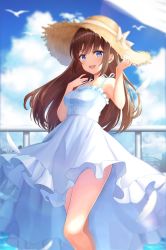 Rule 34 | 0v0 (l seohui), 1girl, absurdres, blue eyes, blue sky, blurry, blush, breasts, brown hair, cloud, day, depth of field, dress, feathers, hat, highres, holding, holding clothes, holding hat, long hair, looking at viewer, medium breasts, original, railing, sky, smile, solo, straw hat, sundress