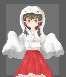 Rule 34 | 1girl, absurdres, blush, brown eyes, brown hair, cosplay, dayuu (rbxduy), ghost costume, ghost pose, hair tubes, hakurei reimu, halloween, halloween costume, highres, jacket, looking at viewer, nontraditional miko, open mouth, red skirt, skirt, solo, touhou, white headwear, white jacket